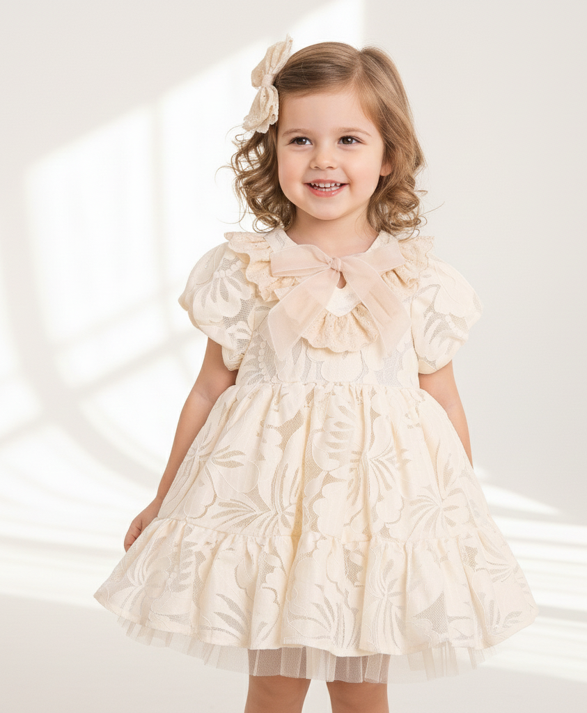 ÖZEL GÜN DANTELLİ KUMAŞ FİYONK BAĞLAMALI KIZ ÇOCUK ELBİSE