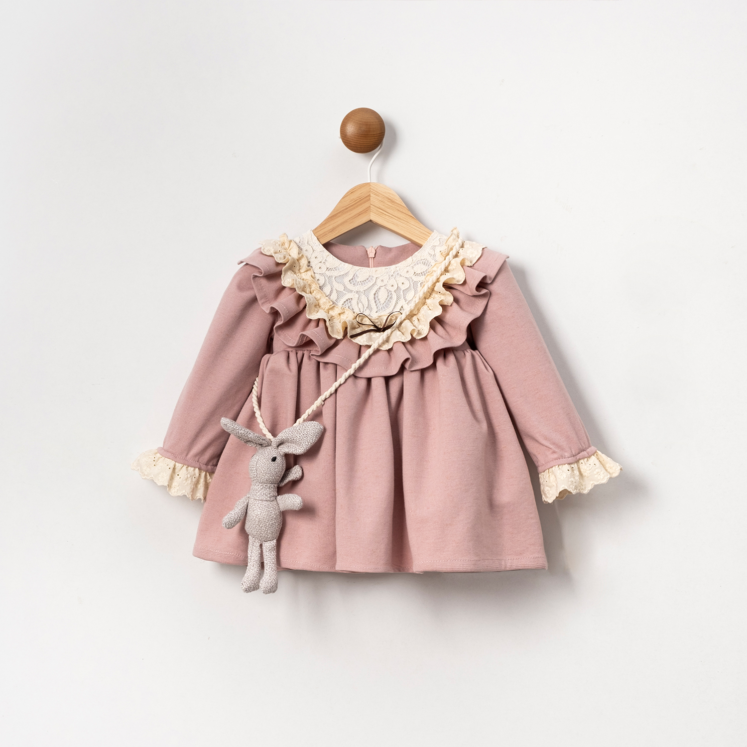 Cumino Fleur Kırmızı Pudra Pembesi Vizon Uzun Kollu Aksesuarlı Kız Çocuk Elbisesi 9-12-18-24 Ay