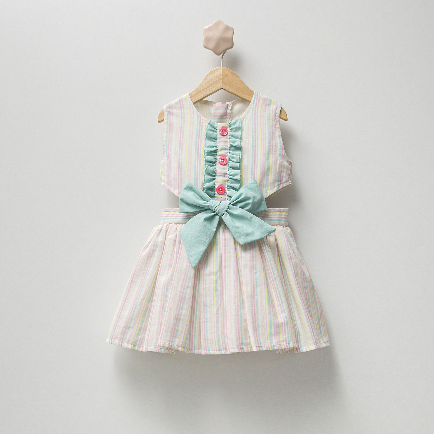 PASTEL ÇİZGİLİ SARI FİYONK DETAYLI KIZ ELBİSE