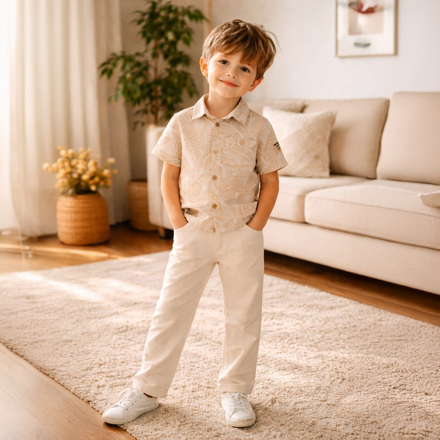 ERKEK ÇOCUK 2 Lİ TAKIM PAMUK GÖMLEK PANTOLON BEJ