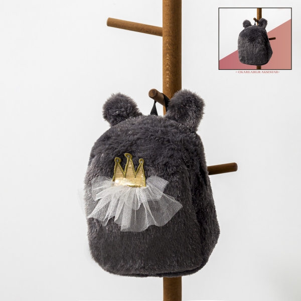 CUMİNO KIZ PELUŞ TÜL AKSESUARLI GRİ SIRT ÇANTASI 1-8 YAŞ