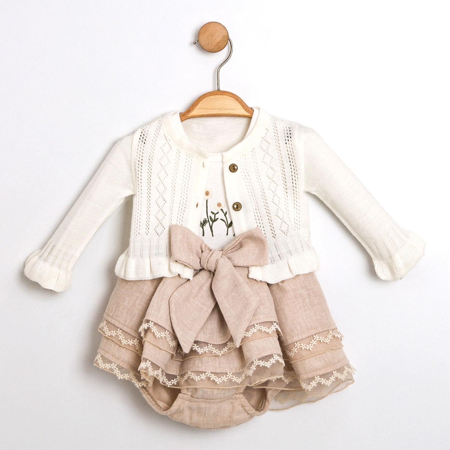 COTTON TRİKO HIRKALI KIZ BEBEK ÜÇLÜ TAKIM