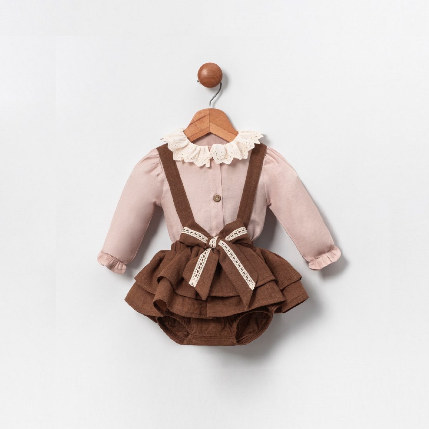 Mary&Joe Bej Tuna 2li Kız Çocuk Takım 6-9-12-18 Ay Uzun Kollu Gömlek Tulum Salopet Takım