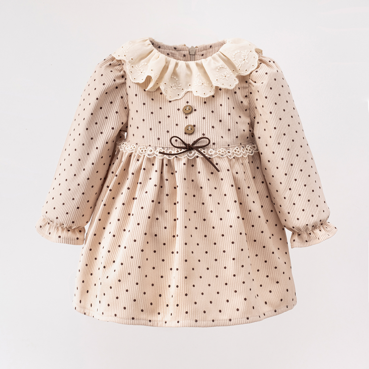 PUANTİYELİ AHŞAP DÜĞÜMELİ KIZ BEBEK ELBİSE