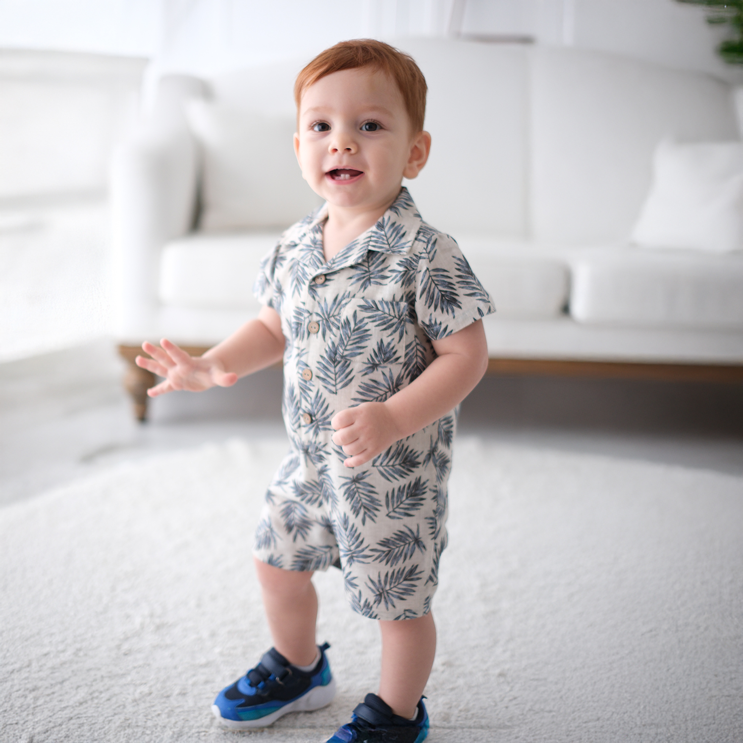 PALMİYE YAPRAK DESENLİ ŞAPKALI ERKEK BEBEK TULUM