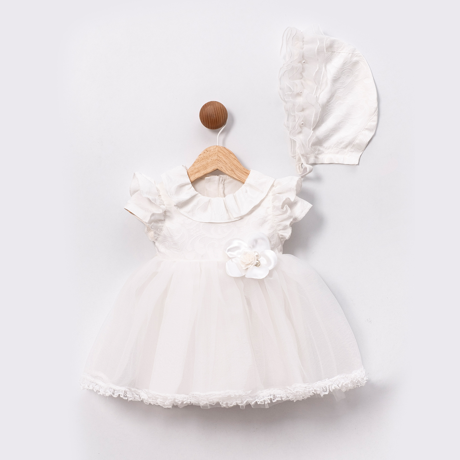 BEYAZ KIZ BEBEK ELBİSE ŞAPKALI