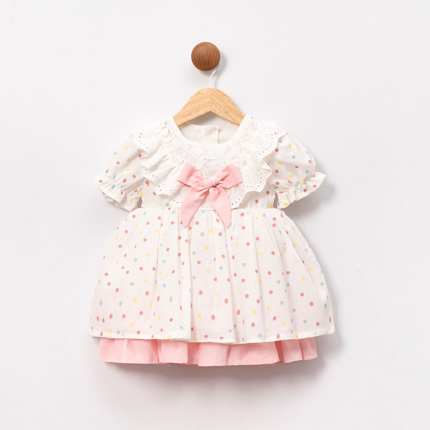 KIZ BEBEK ELBİSE EKRU PEMBE BENEKLİ