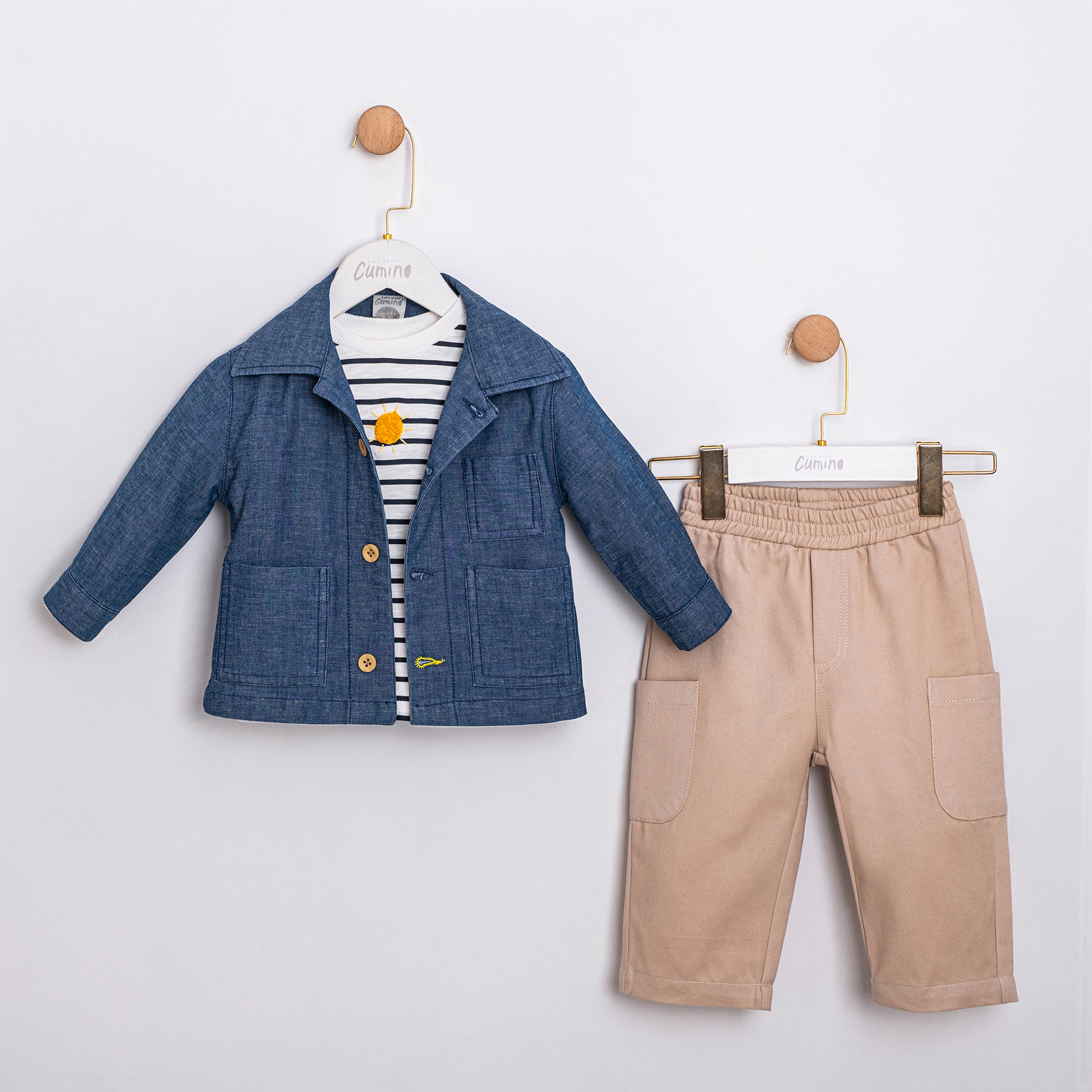 GÜNEŞ BASKI DESENLİ ERKEK BEBEK ÜÇLÜ TAKIM 