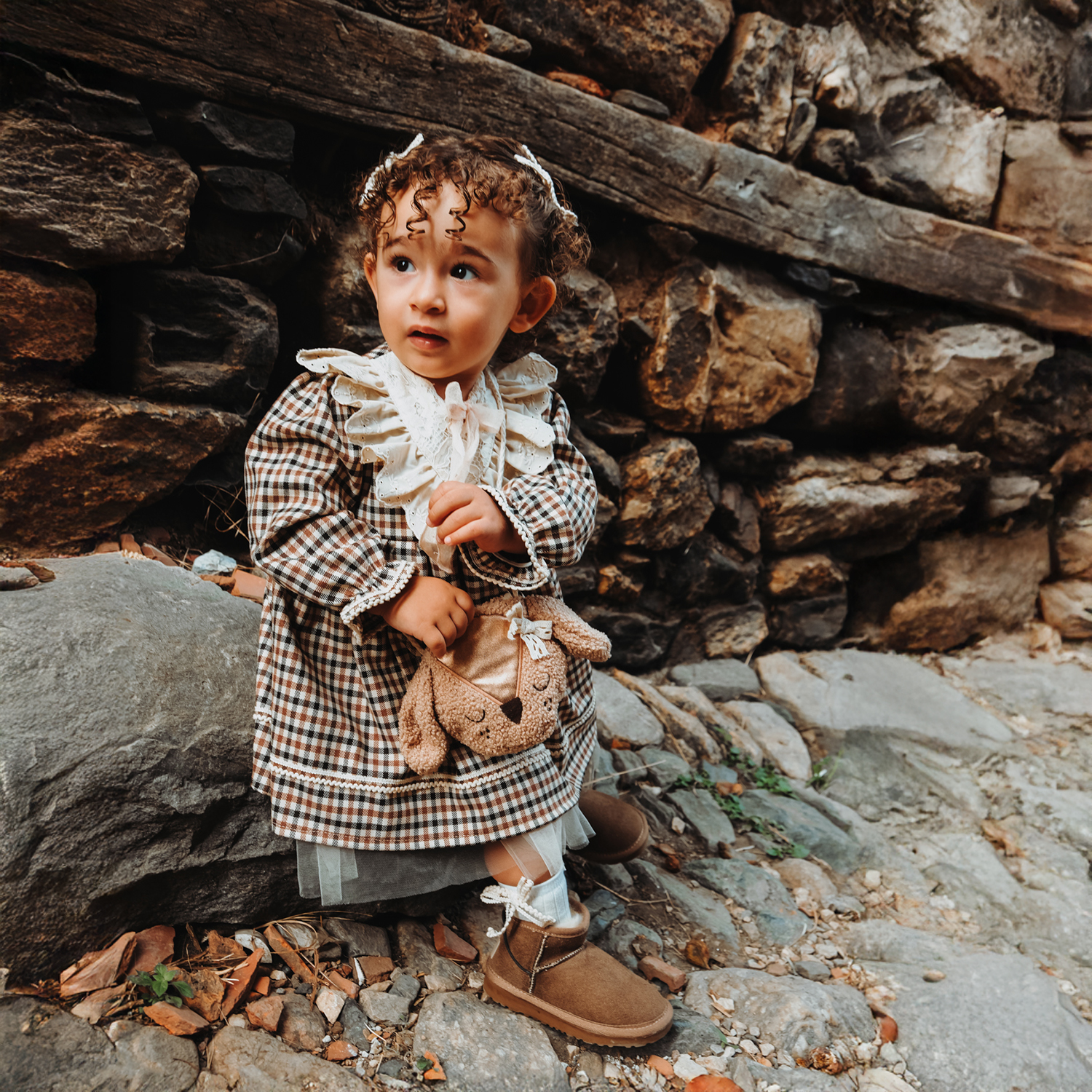 VİNTAGE EKOSE DESENLİ ÇANTALI KIZ BEBEK ELBİSE