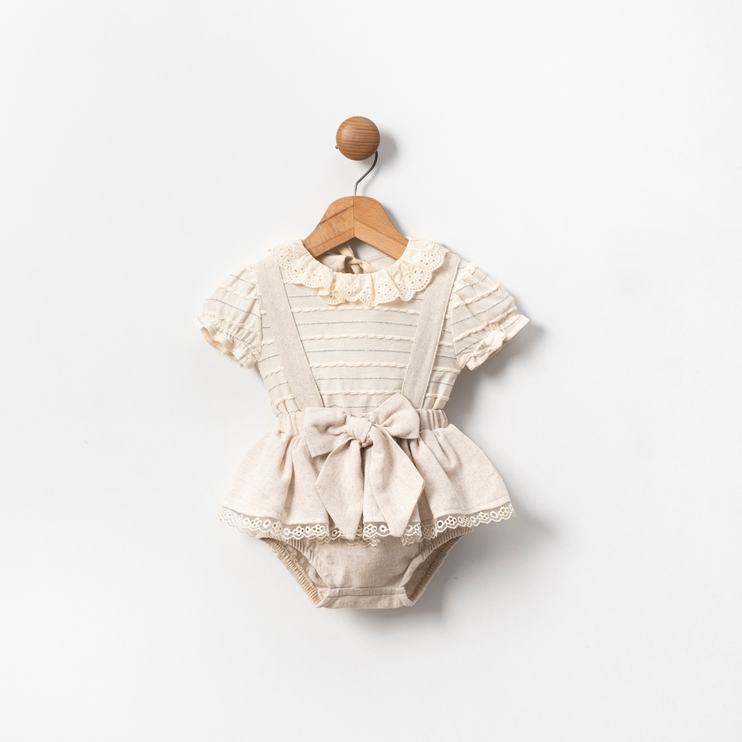 ÇİZGİLİ FİYONK BAĞLAMALI KIZ BEBEK ROMPER TAKIM