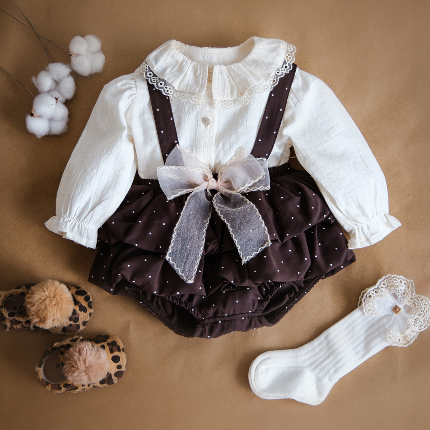 VİNTAGE GÖMLEKLİ FİYONK DETAYLI SALOPET KIZ BEBEK ROMPER